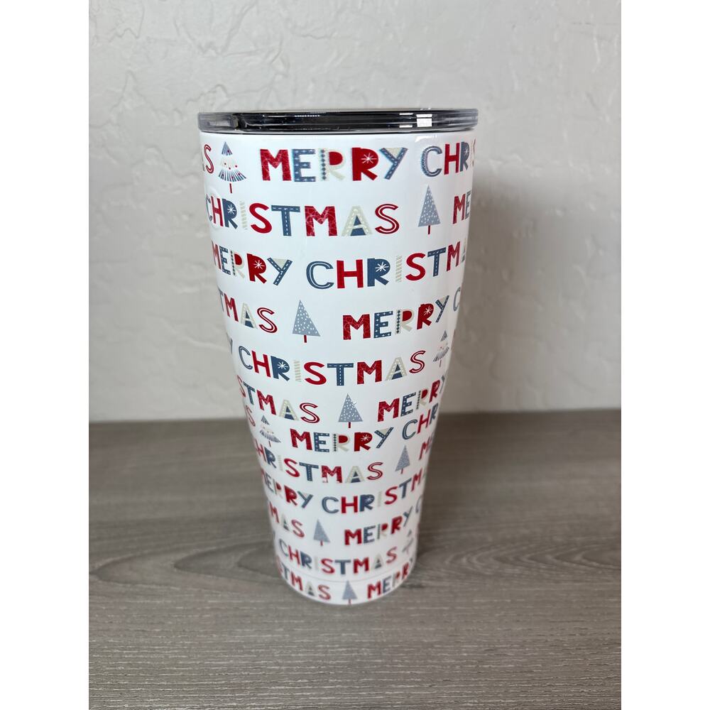 SIC 30oz Merry Christmas Tree Large Stainless Steel Tumbler Cup w Lid Coffee Mug